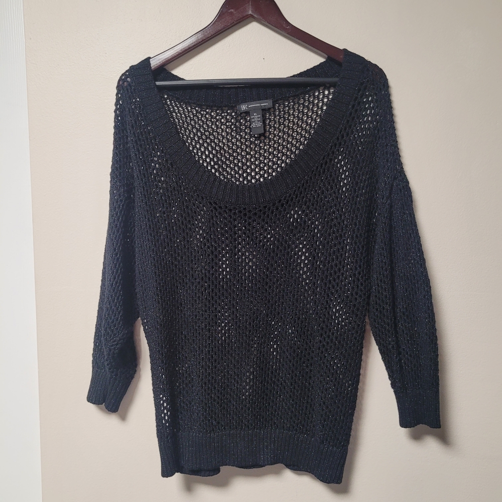 INC International Concepts Black Open-Knit Sweater Y2K Streetwear Moto Biker